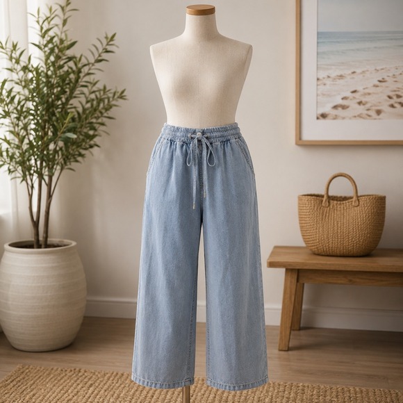 Cupshe Pants - NWT Cupshe Wide Leg Pants Womens Small Light Blue Denim Drawstring Elastic Waist